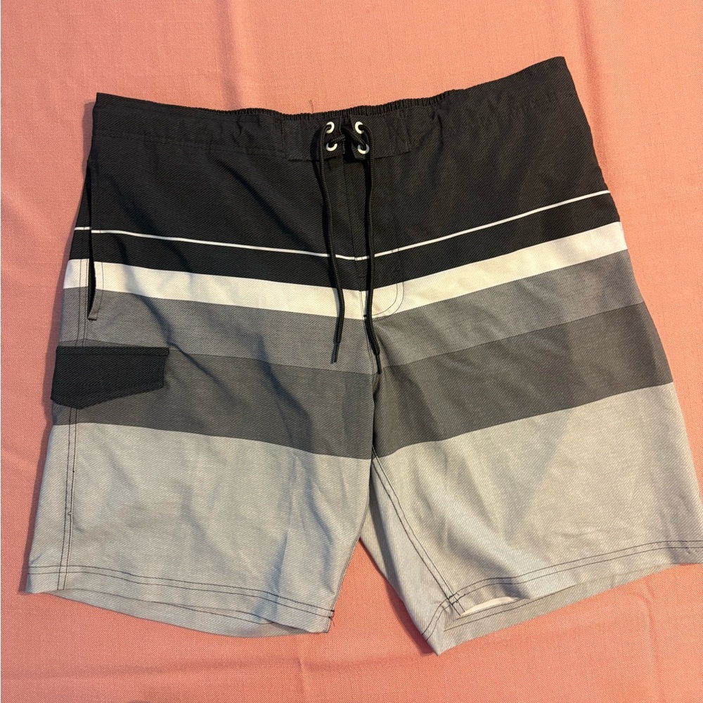 George Black, Gray and White Striped Men's Swim Board Shorts